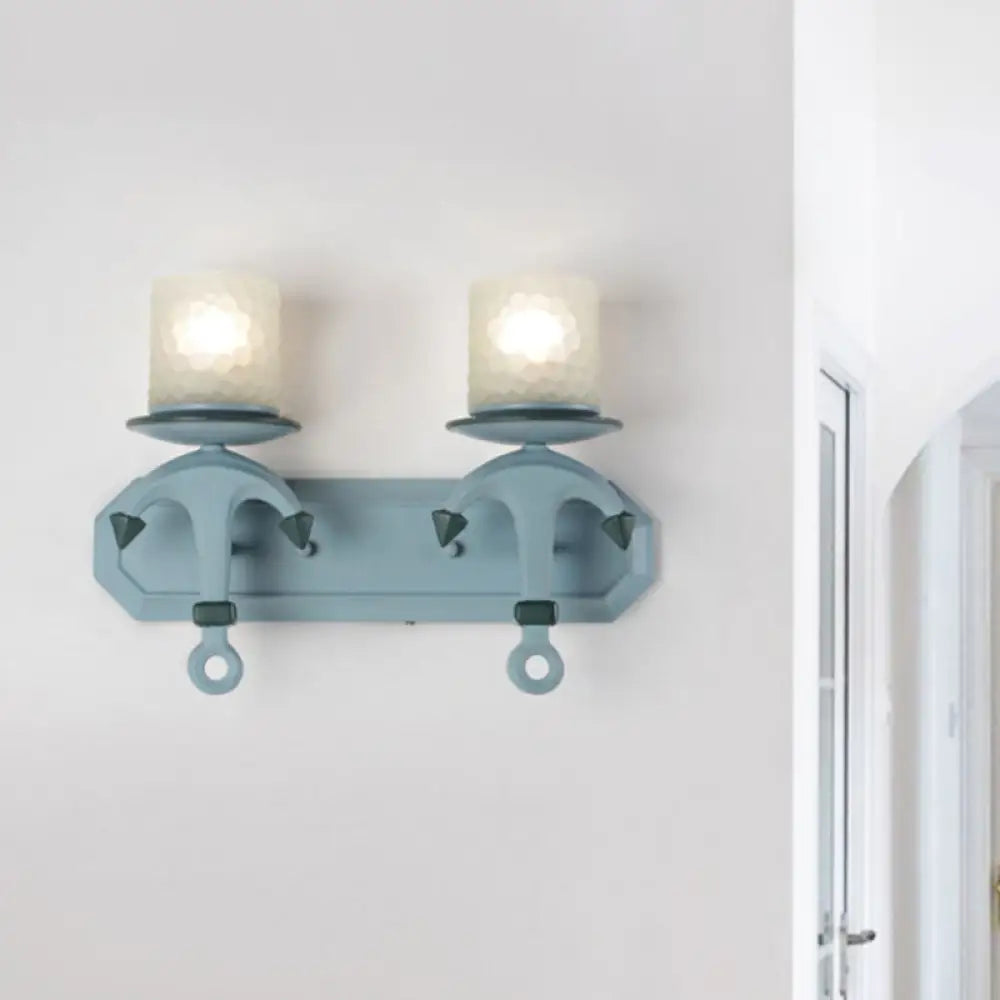 Nautical Blue Glass Cylinder Wall Light With Resin Anchor Deco - Mount Lamp 2 /
