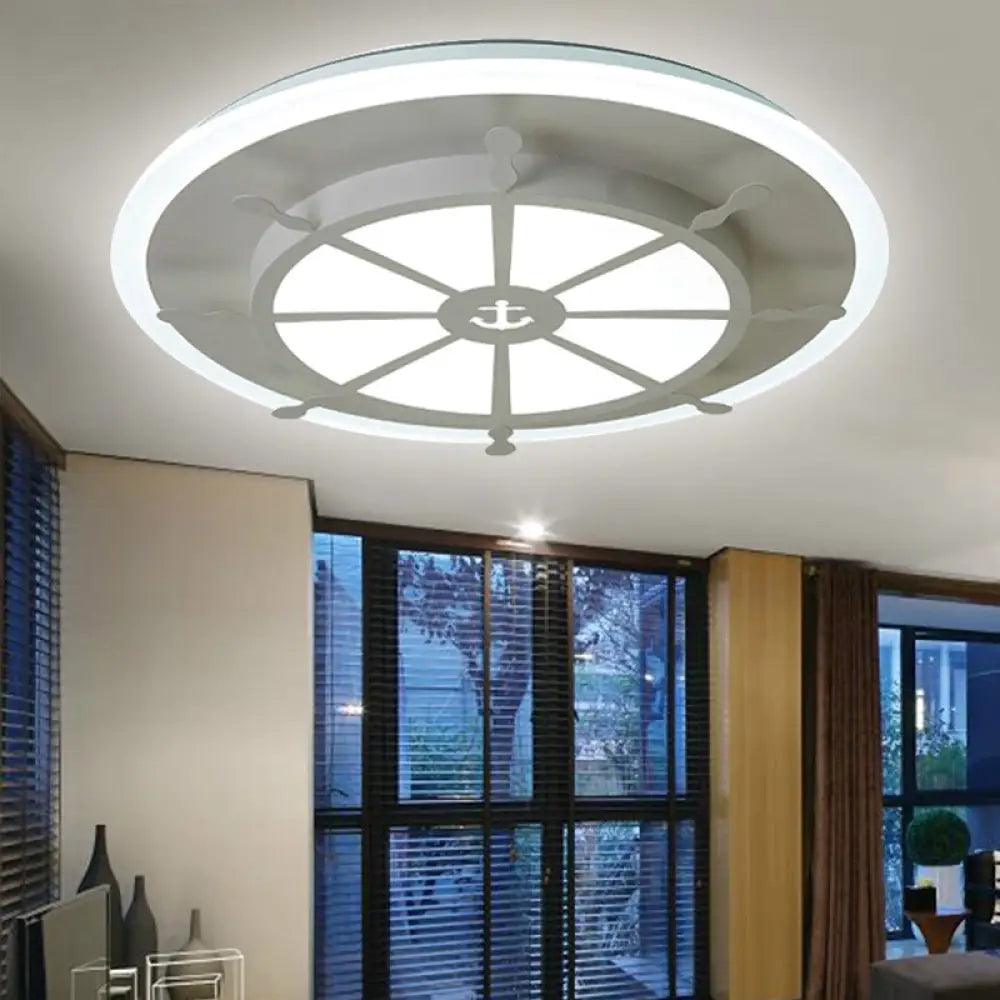 Nautical Style Metal Compass Flush Mount Ceiling Lamp In White Finish For Dining Room /