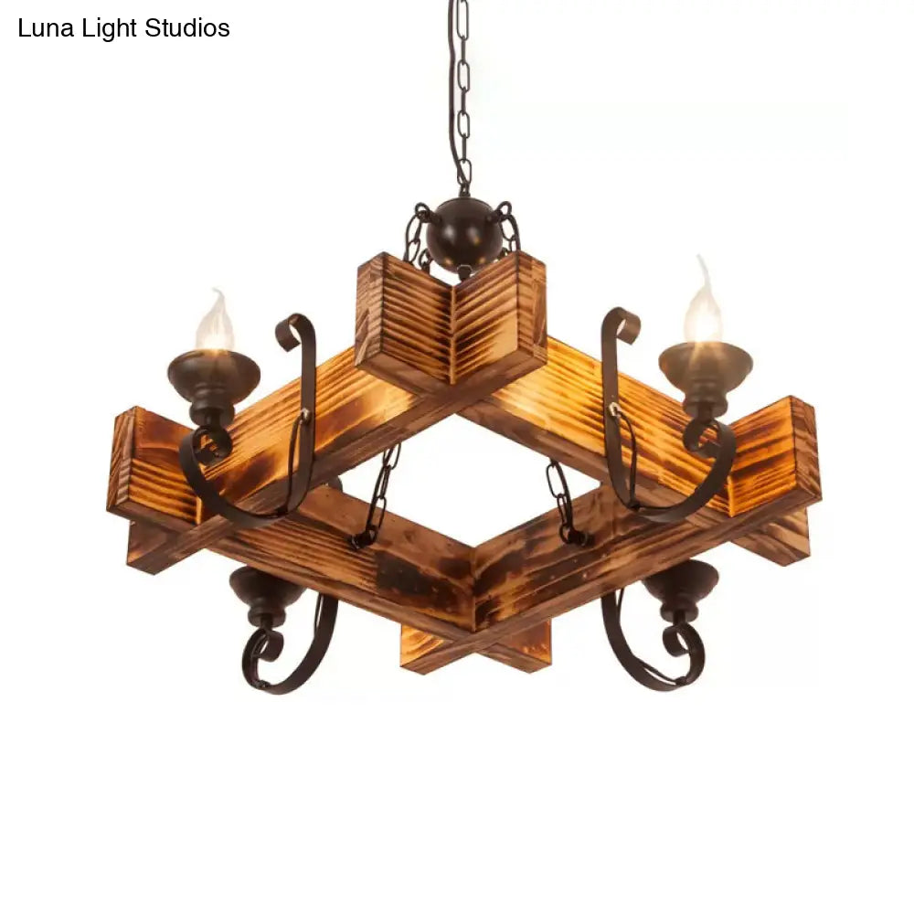 Nautical Wooden Hanging Light Fixture-Chandelier In Brown Triangular/Square Design 3/4/6-Head