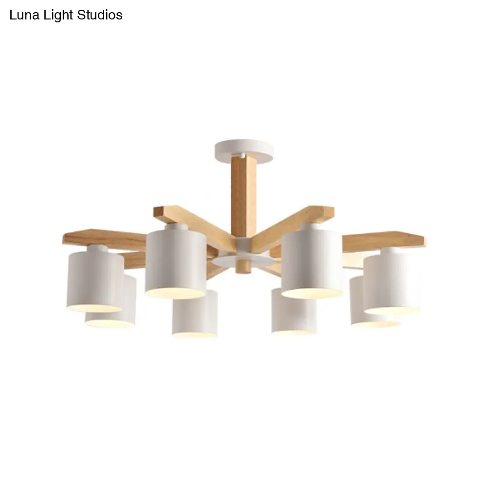 Nordic 6-Head Metal Ceiling Chandelier With Wood Arm In White/Green/Grey
