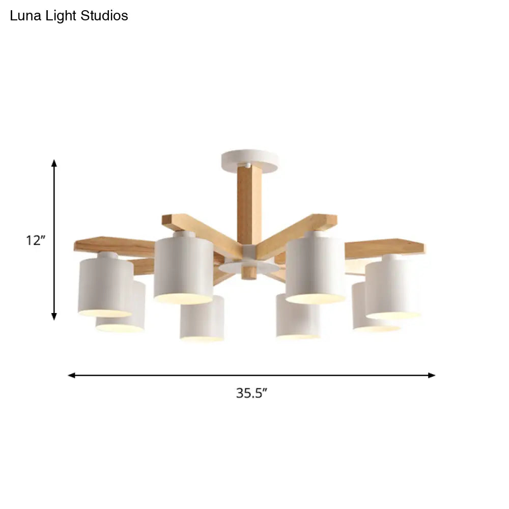 Nordic 6-Head Metal Ceiling Chandelier With Wood Arm In White/Green/Grey