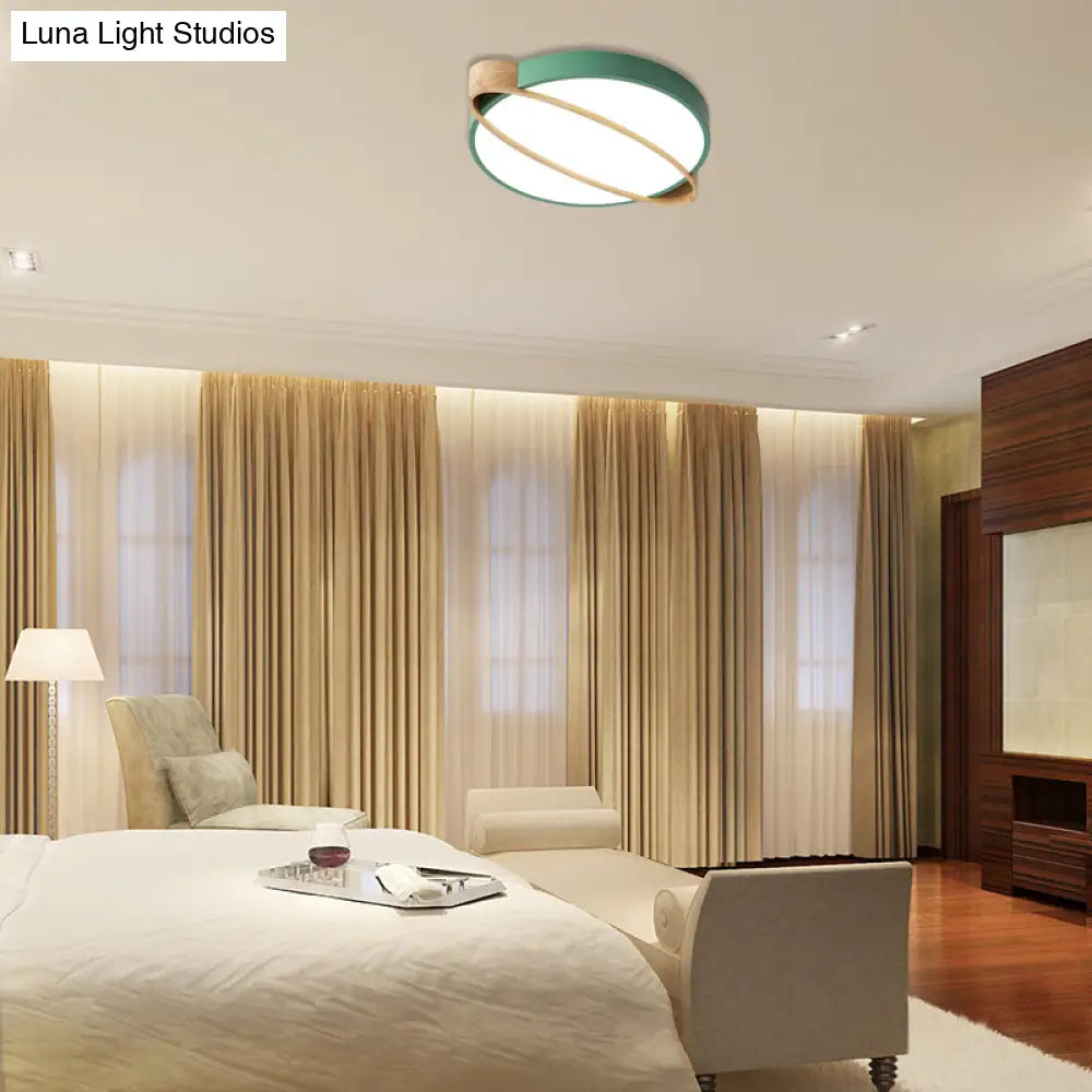 Nordic Acrylic Ceiling Mount Lamp With Led Flushmount Lighting In White/Green/Grey Oval Wood Insert