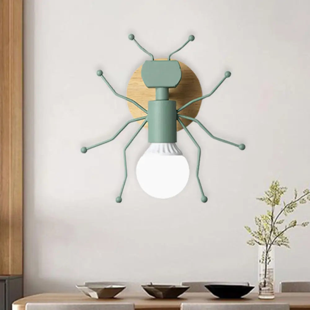Nordic Ant Metal Sconce With Wood Backplate Wall Light - Grey/White/Green Green