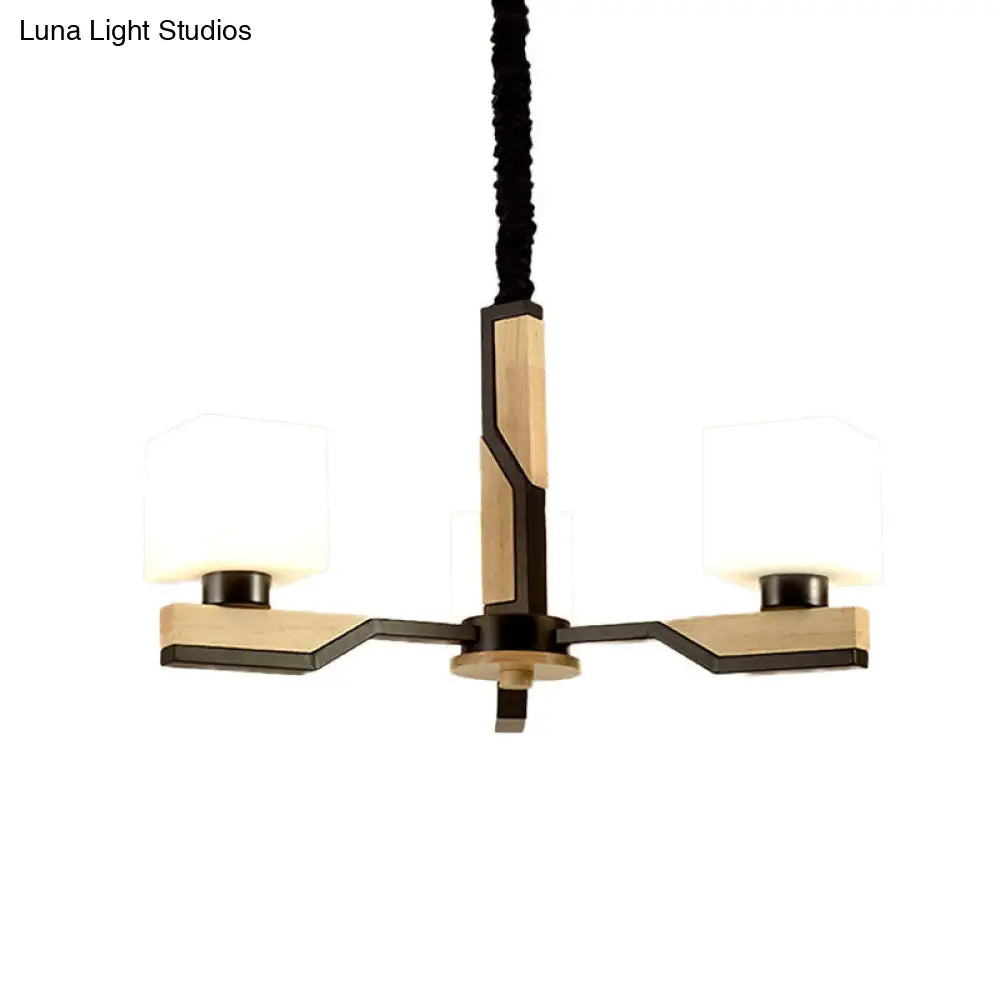Nordic Cube-Shaped Ceiling Lamp With Wooden Chandelier For Living Room (3 Or 5 Heads)
