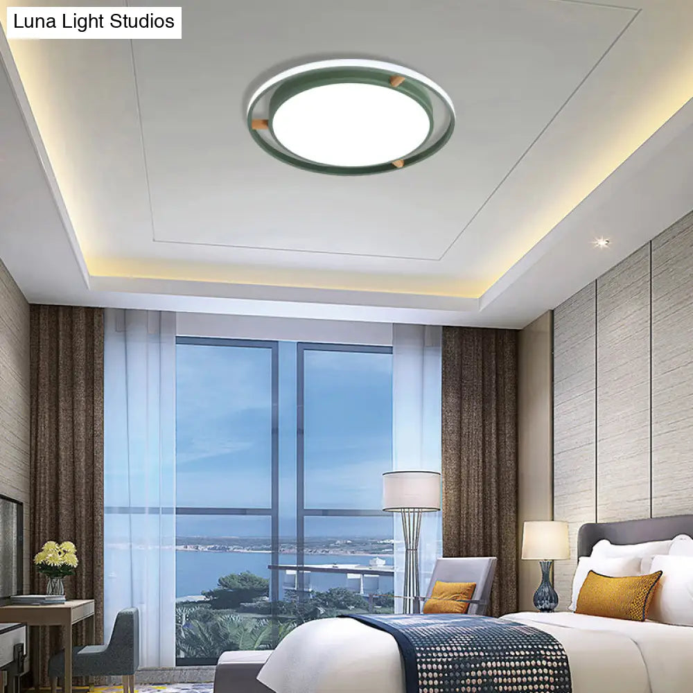 Nordic Dual Circle Led Ceiling Flush Light With Wood Arm - White/Green/Grey Thin Flushmount