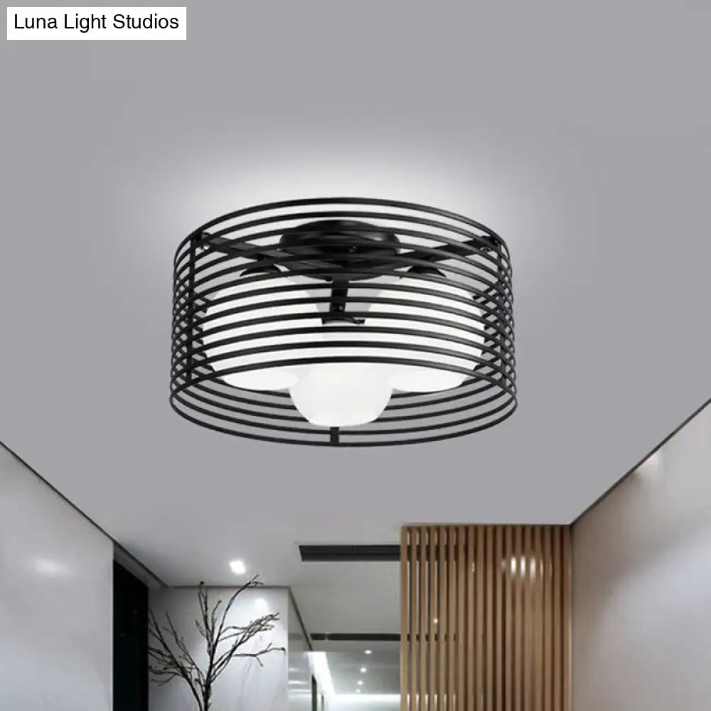 Nordic Metal 3 - Light Semi Flush Mount Lamp With Round Iron Cage For Bedroom Ceiling - Black/White