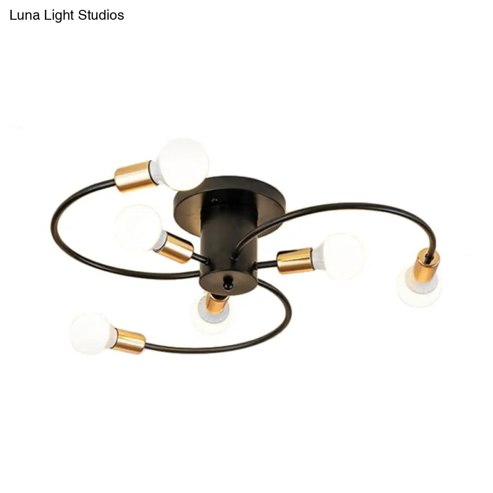 Nordic Metal Gold/Black Swirl Semi Flush Mount Ceiling Light - 6 Lights For Living Room