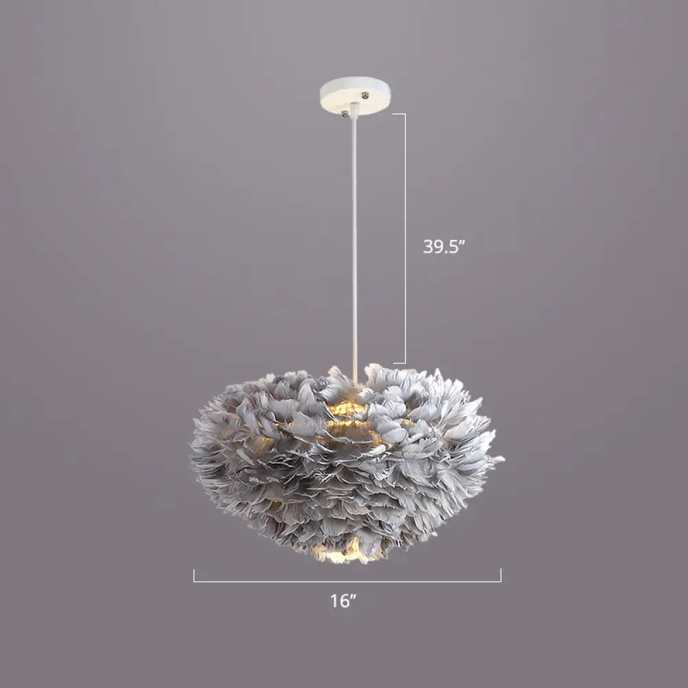 Nordic Style Bedroom Suspension Light Fixture With Feather Dome Pendant Shade Grey / 16’