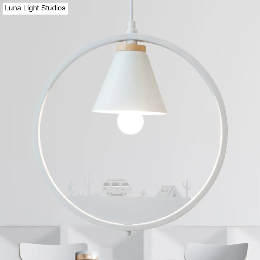Nordic Style Pendant Lamp With Iron Cone Shade & Paper Cutting Decoration- Black/White 1 Bulb