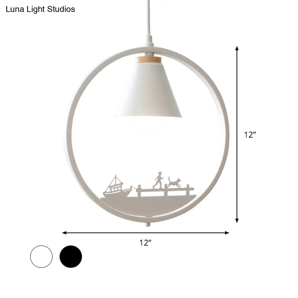 Nordic Style Pendant Lamp With Iron Cone Shade & Paper Cutting Decoration- Black/White 1 Bulb