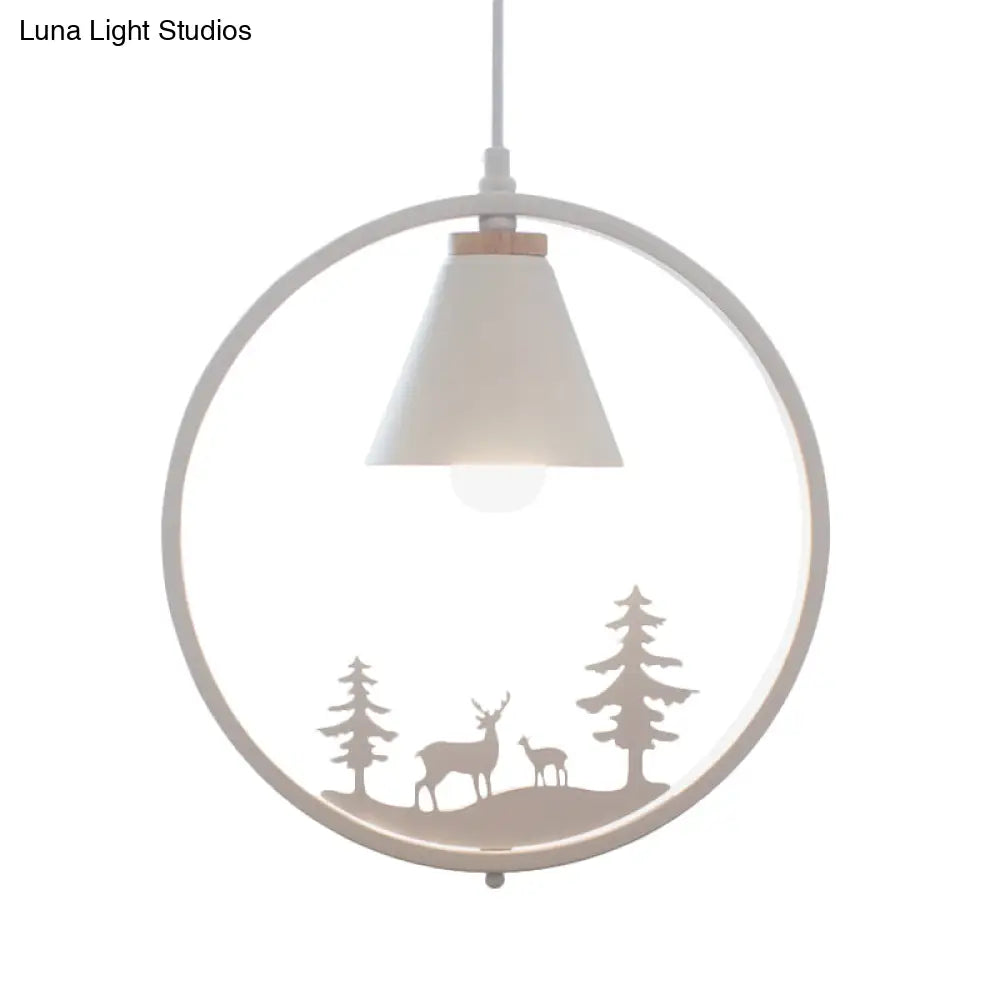 Nordic Style Pendant Lamp With Iron Cone Shade & Paper Cutting Decoration- Black/White 1 Bulb