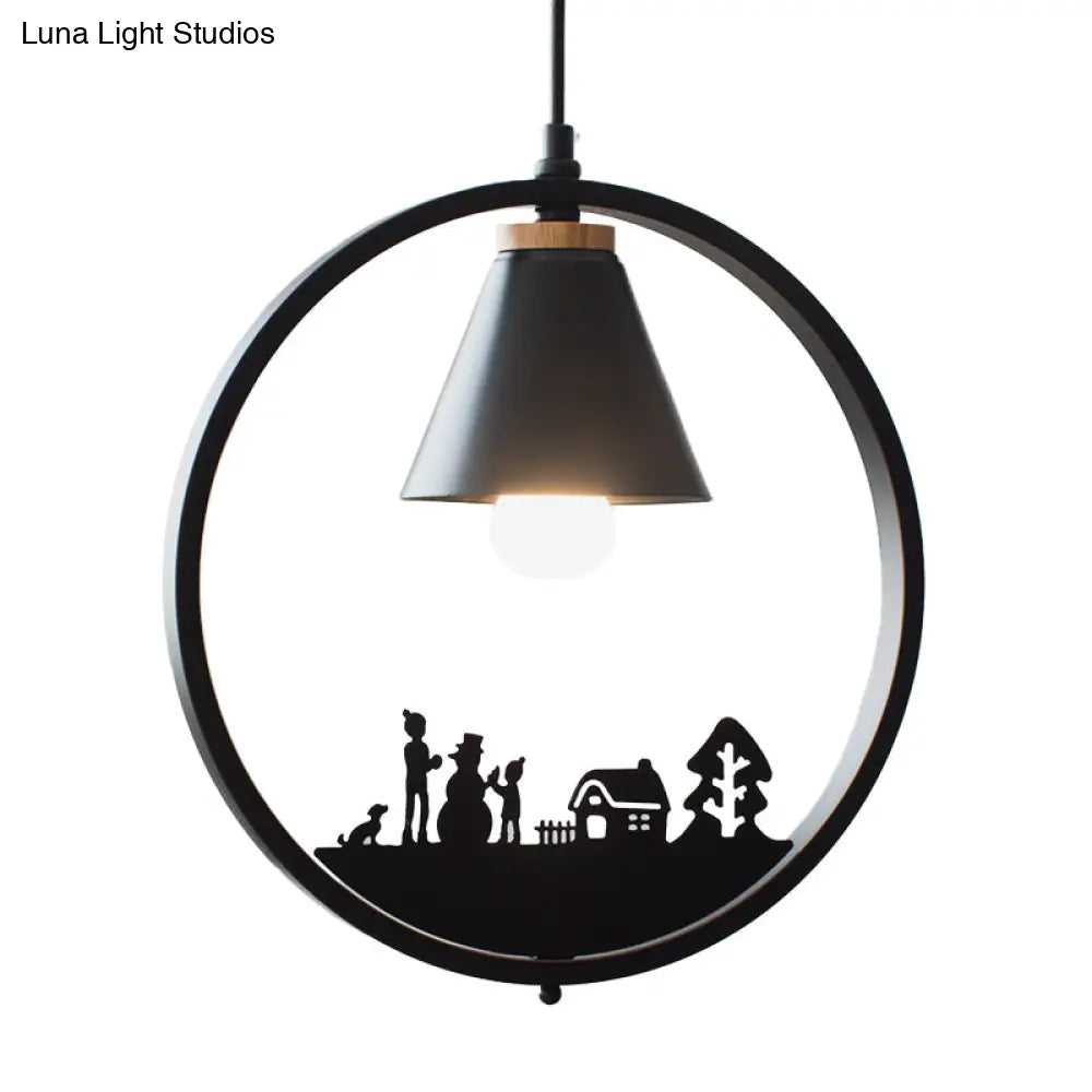 Nordic Style Pendant Lamp With Iron Cone Shade & Paper Cutting Decoration- Black/White 1 Bulb