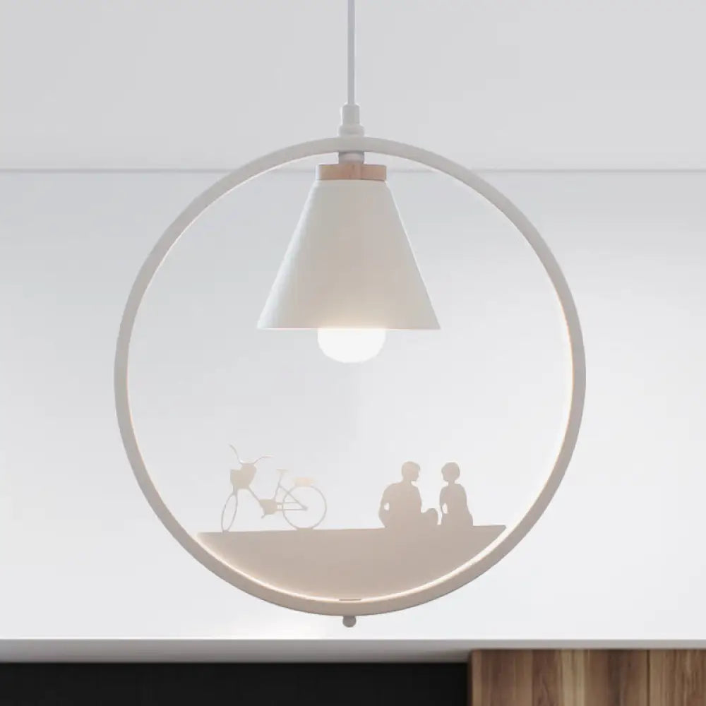 Nordic Style Pendant Lamp With Iron Cone Shade & Paper Cutting Decoration- Black/White 1 Bulb White