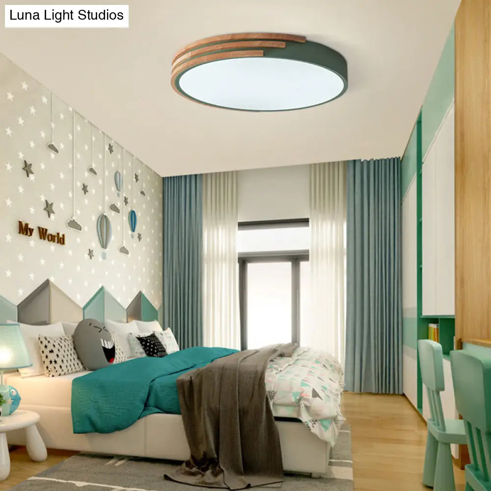 Nordic Style Round Flush Mount Ceiling Light - Wood & Acrylic Fixture In Grey/White/Green 16 Width