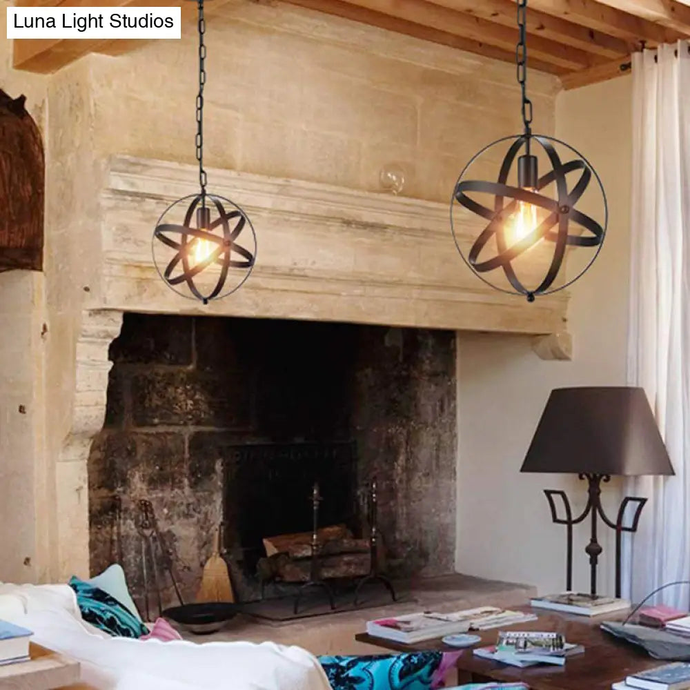 One Light Strap Globe Pendant Industrial Black Metal Ceiling With/Without Crystal Ball