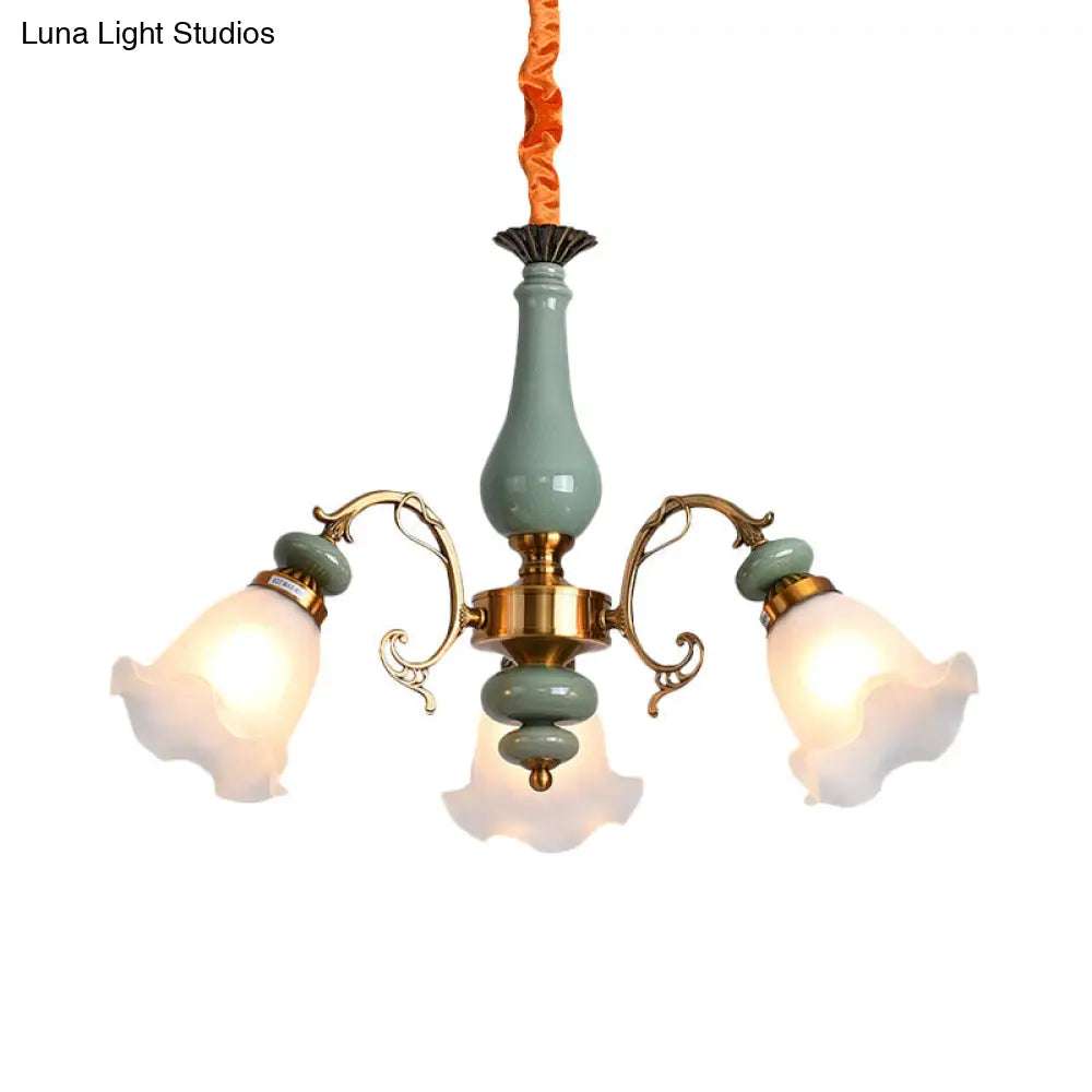 Opal Glass Ceiling Chandelier With Flower Design - Traditional 3/5 Heads Light Blue/Pewter