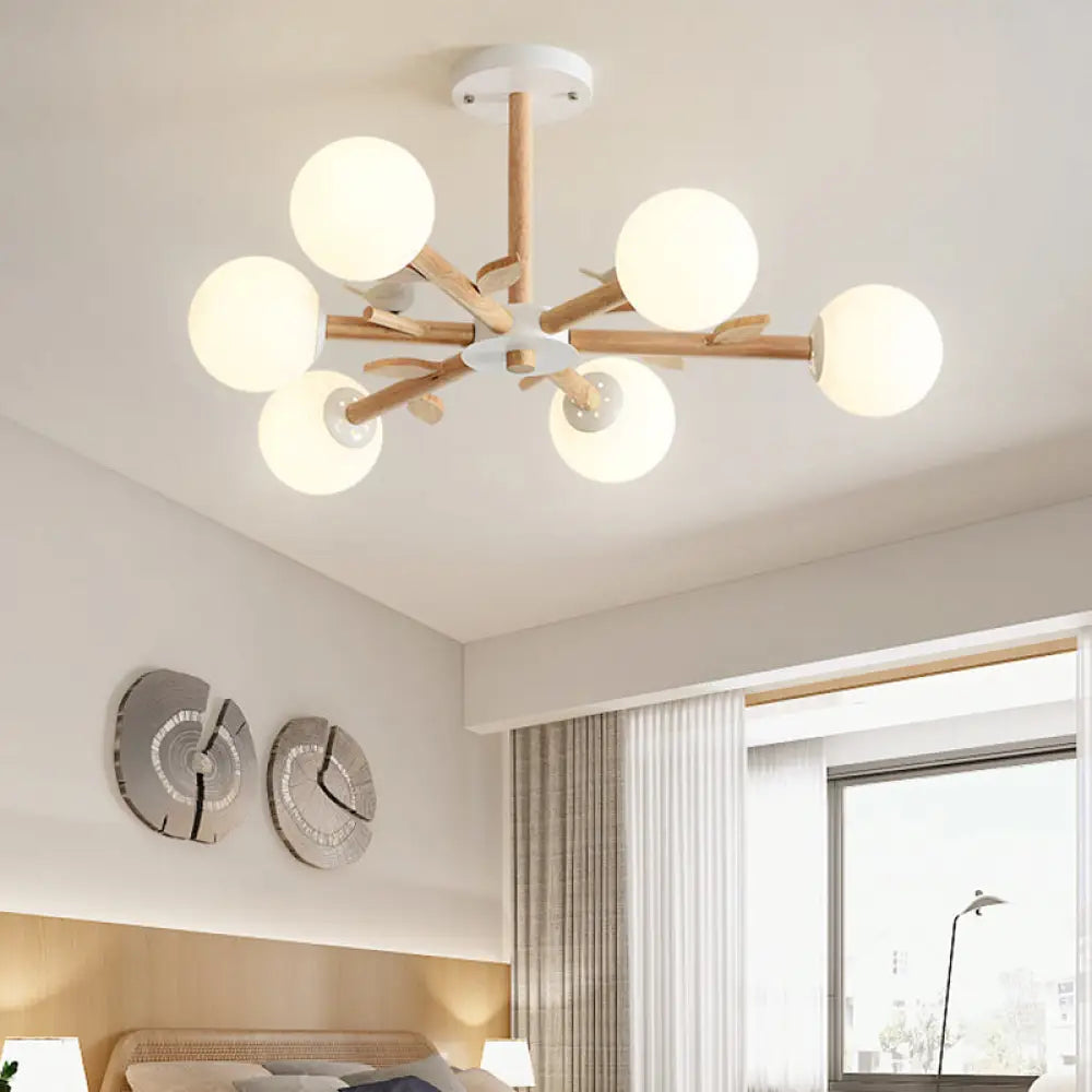Opal Glass Globe Chandelier: Modern Living Room Pendant Light In Wood 6 /
