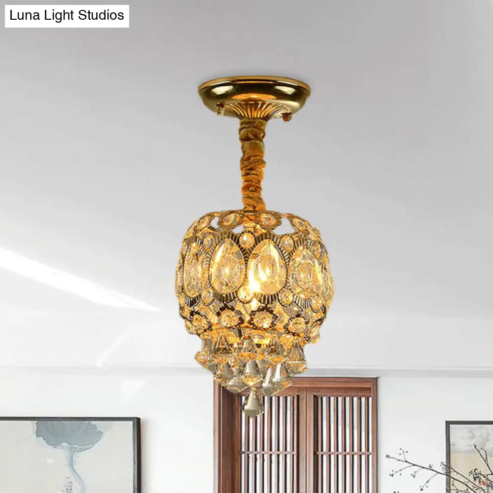 Oval Crystal Flush Ceiling Light Fixture With 1 Bulb In Gold