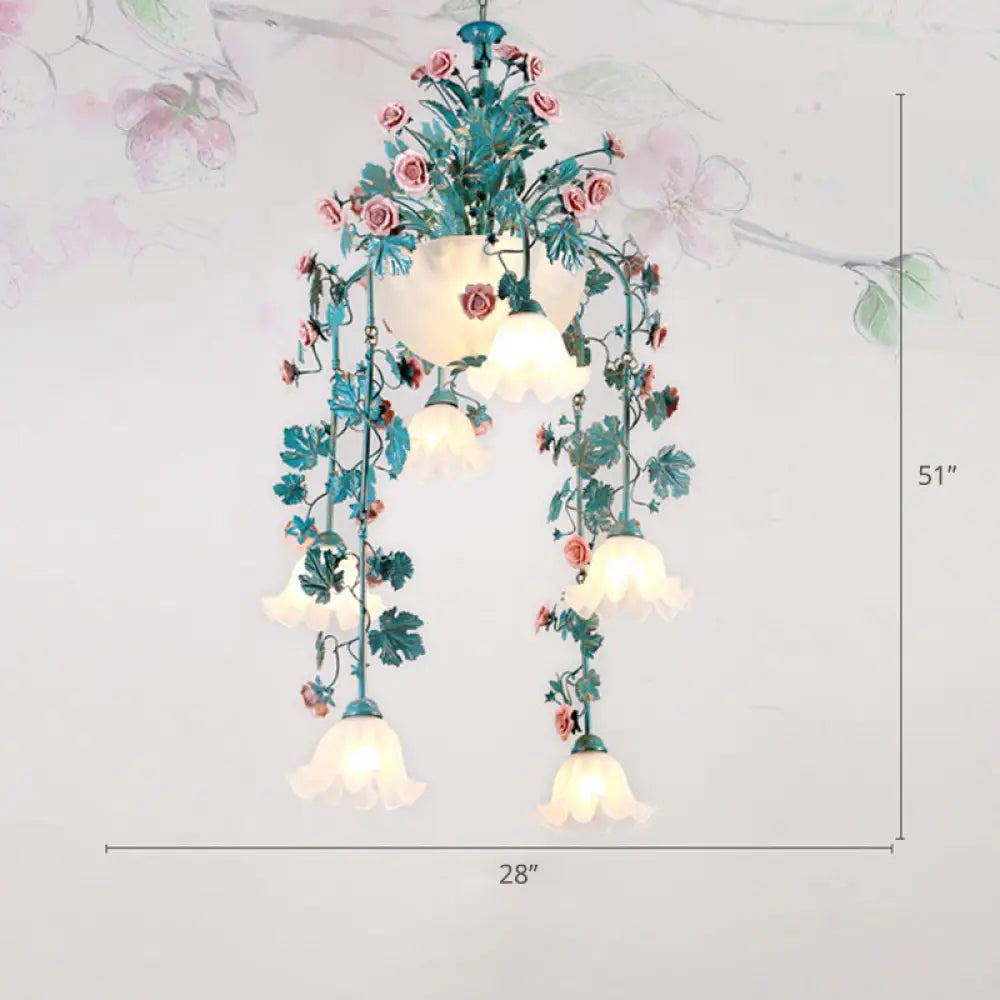 Pastoral Ceramic Flower Chandelier With Opal Glass Shade For Living Room Suspension Lighting 10 /
