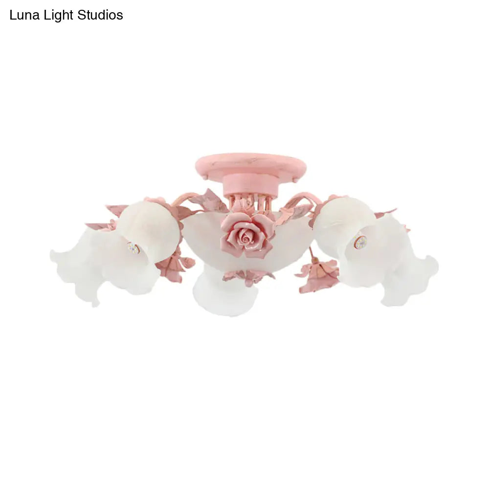 Pastoral Frosted Glass Flush Chandelier: Rose Blossom 7/11 - Head Pink Ceiling Mount Light