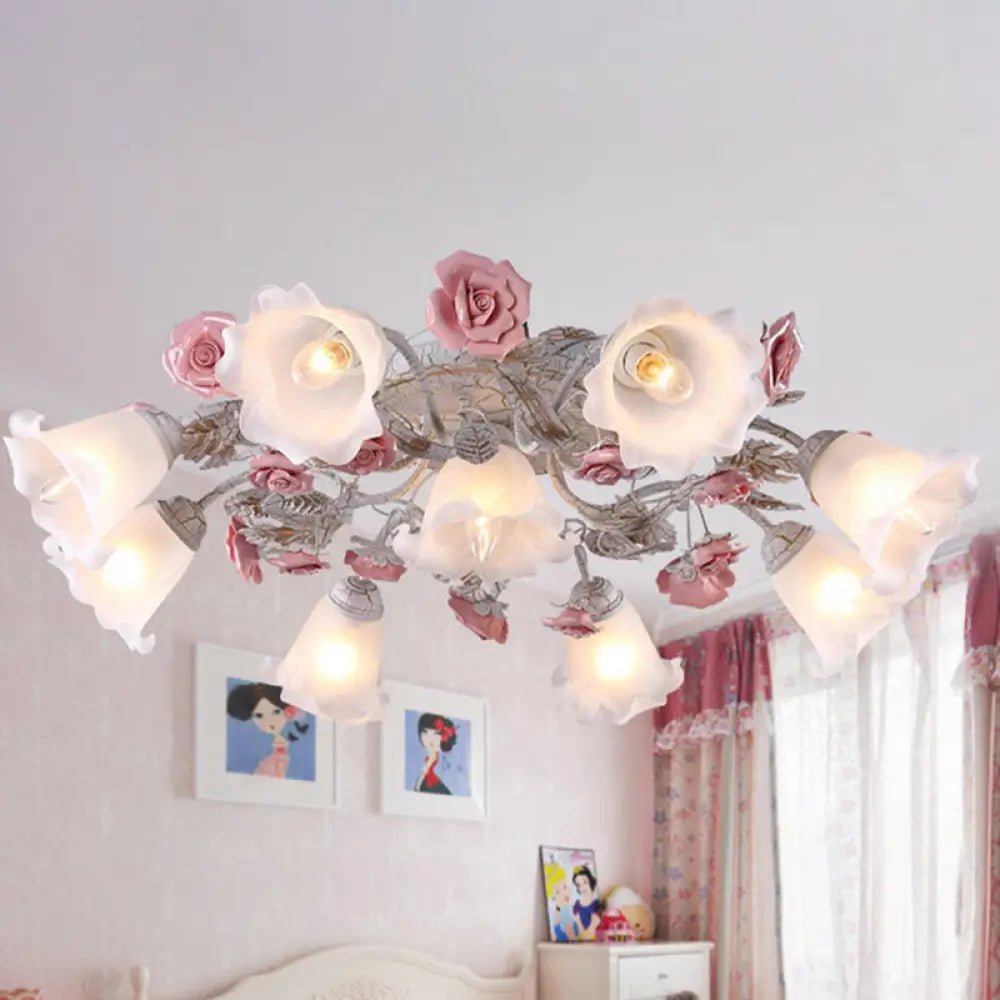 Pastoral White Glass Ceiling Light With Sputnik Design - 4/6/7 - Bulb Semi Mount For Bedroom 9 /