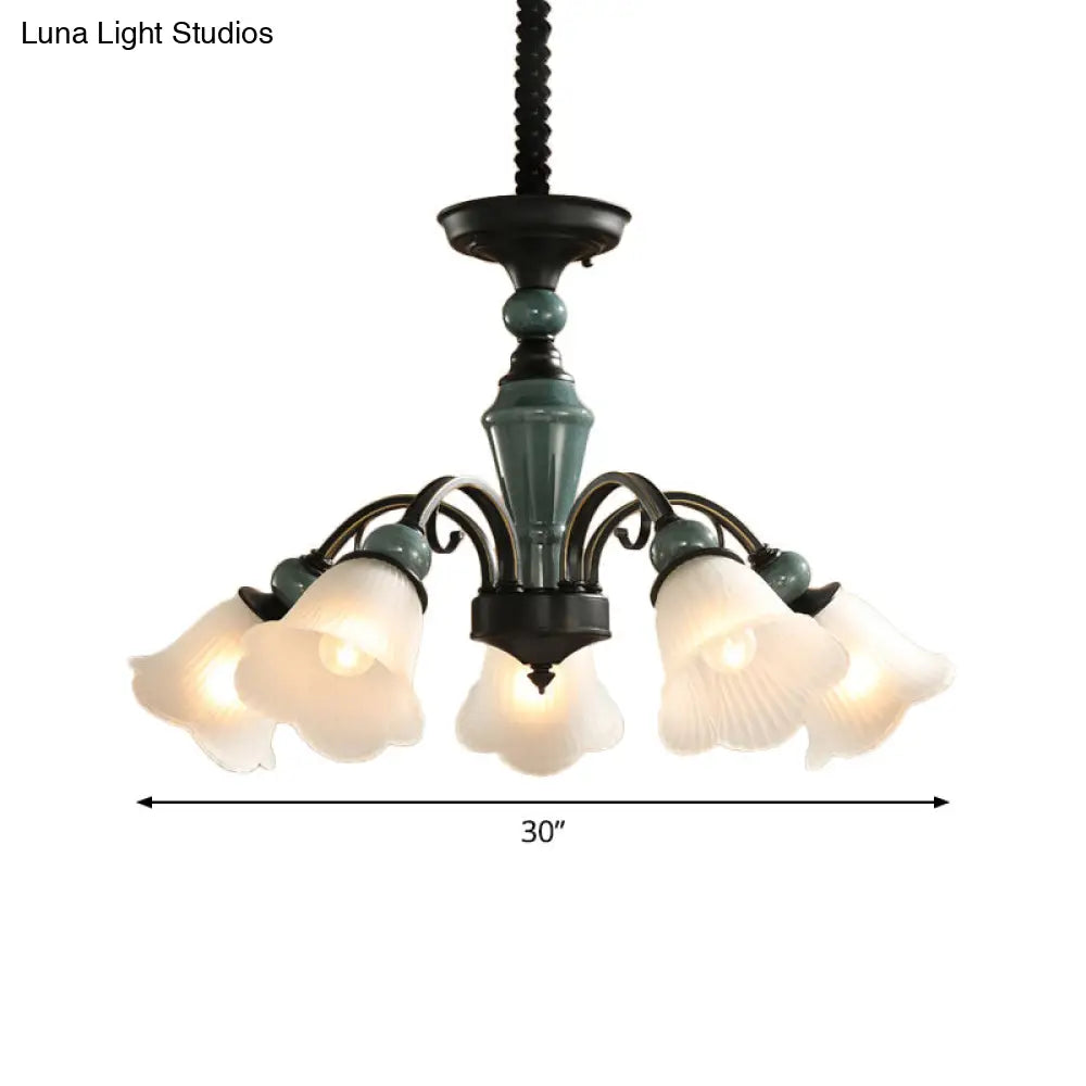 Peacock Green Rustic Ribbed Frosted Glass Chandelier - 5/6/8 Bulbs Drop Lamp With Flower Blossom