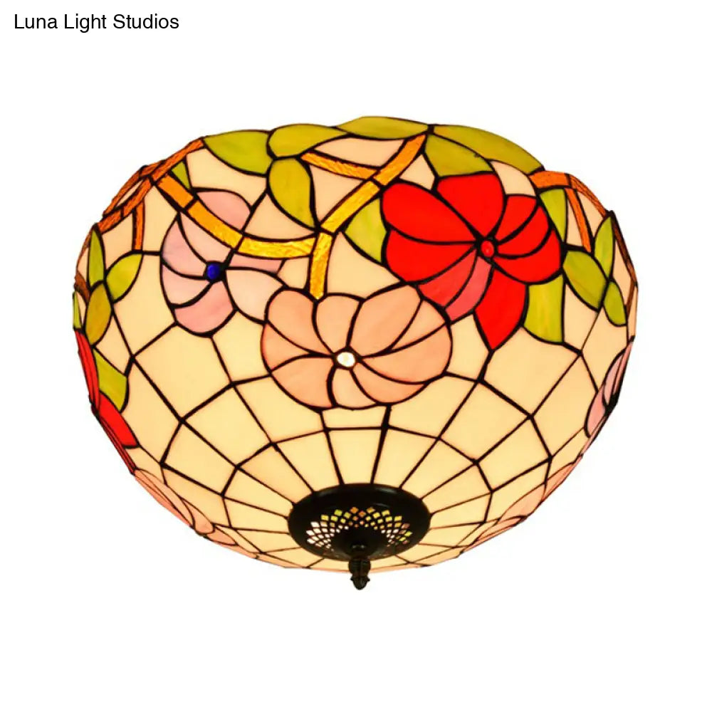 Peony Ceiling Light - Tiffany Bronze Stained Glass Flush Mount Fixture For Bedroom