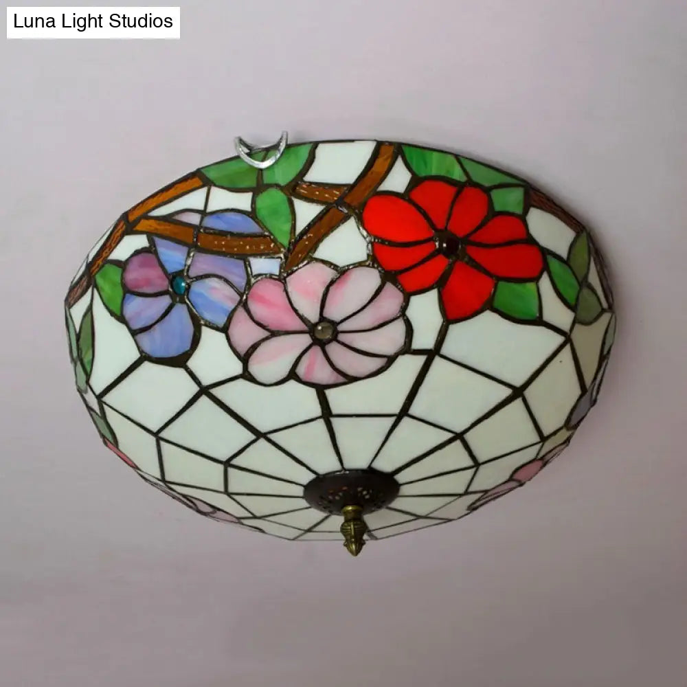 Peony Ceiling Light - Tiffany Bronze Stained Glass Flush Mount Fixture For Bedroom