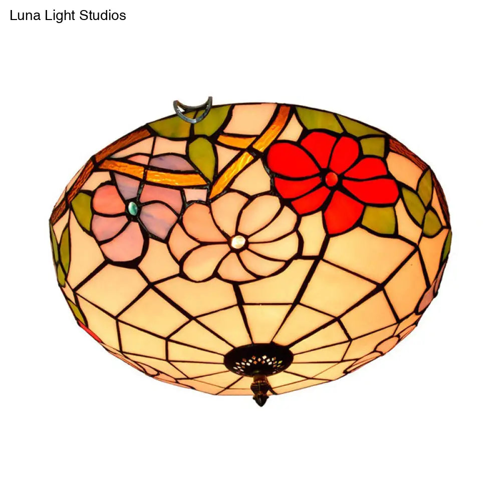 Peony Ceiling Light - Tiffany Bronze Stained Glass Flush Mount Fixture For Bedroom