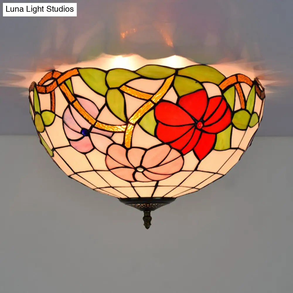 Peony Ceiling Light - Tiffany Bronze Stained Glass Flush Mount Fixture For Bedroom