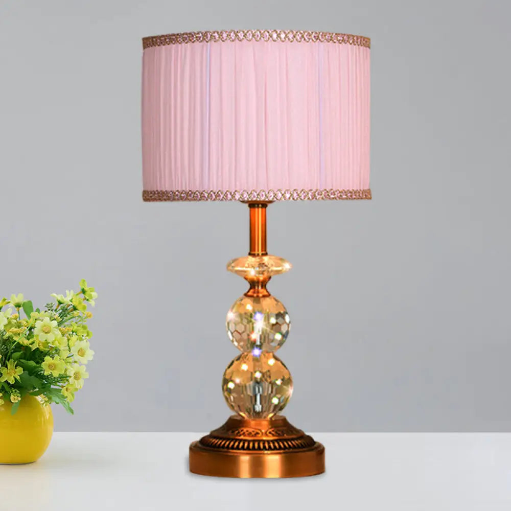 Pink Pleated Fabric Nightstand Lamp With Crystal Orbs: Traditional Design In Pink/White/Coffee Shade