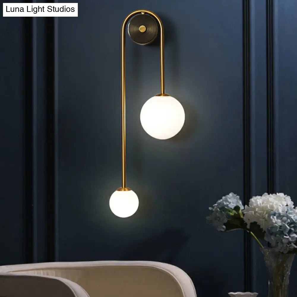 Postmodern Brass Arc Wall Sconce Light With Opal Glass Shade - 2-Head Metal Design