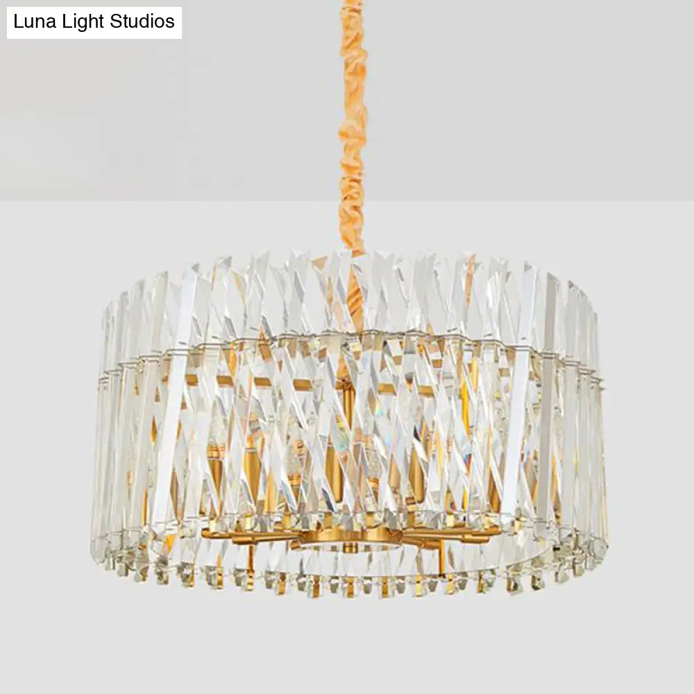 Postmodern Crystal Chandelier Lamp - Round Tri-Sided Rod Style 8/10 Lights Gold Finish Hanging Light