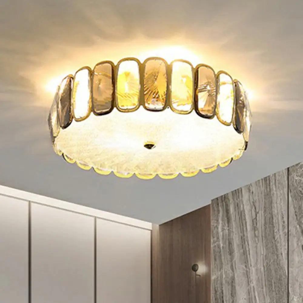 Postmodern Drum Ceiling Flush Light Fixture With Smoky And Amber Crystal Led Mount In Brass For