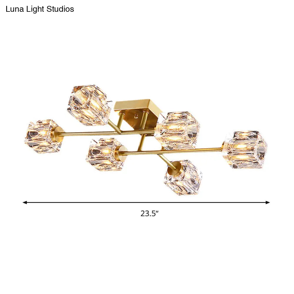 Postmodern Gold Crystal Semi Flush Mount Ceiling Light - Cubic Dimpled Design (4/6 Heads)