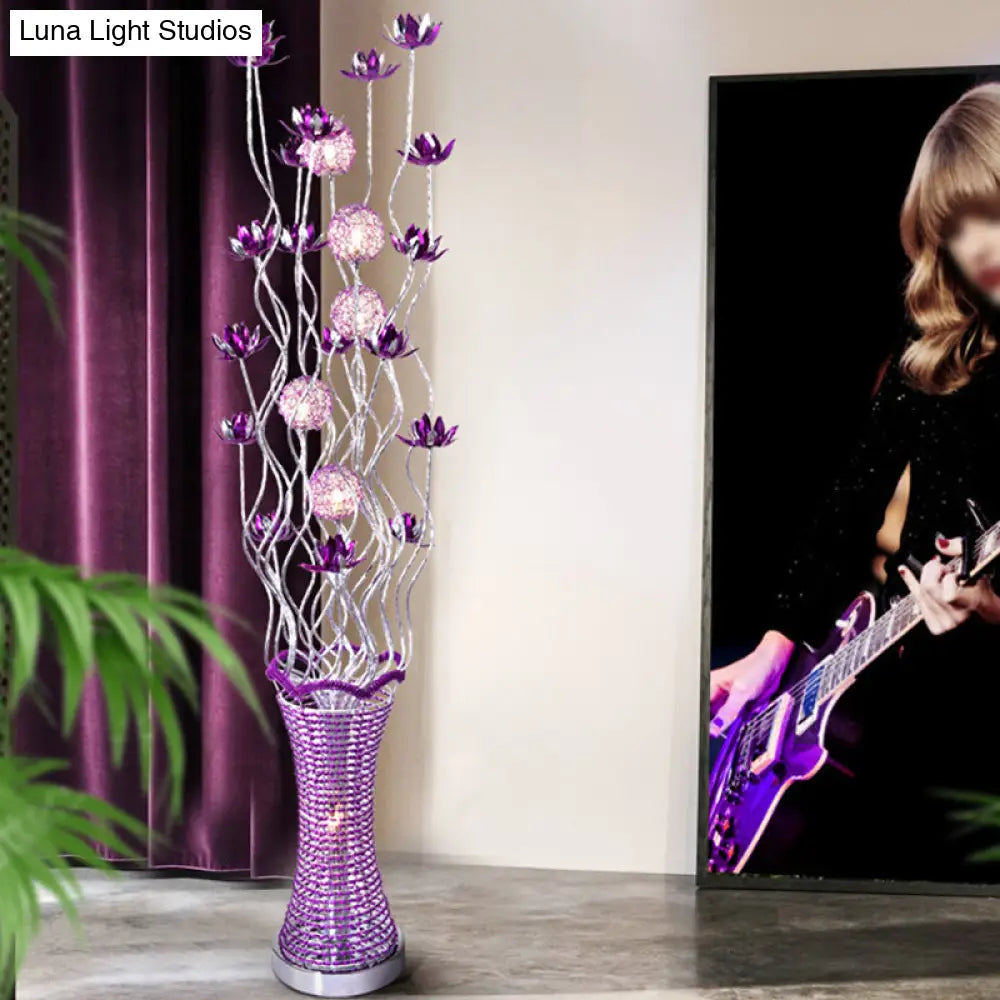 Purple Led Floral Floor Lamp With Elegant Twig Design Aluminum Vase-Shaped Decorative Standing Light