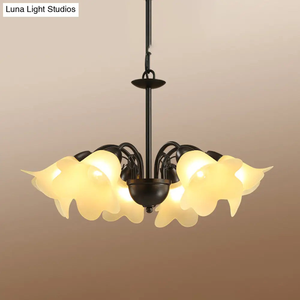Retro Black Finish Chandelier With Floral Shape Glass Shade - Perfect For Dining Room 3/5/6 Bulb