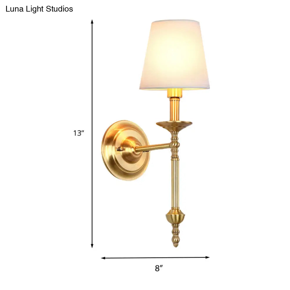 Retro Brass Cone Wall Sconce With White Fabric Shade - Ideal For Dining Room Lighting