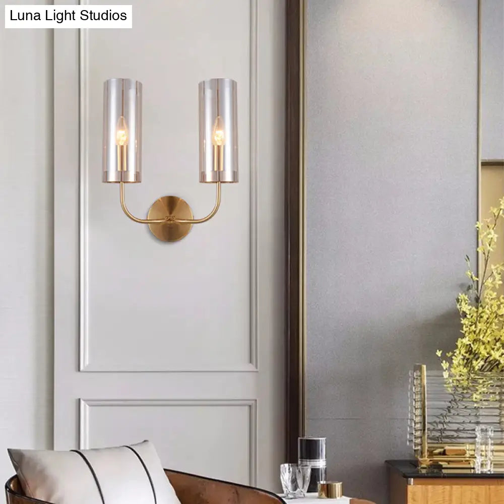 Retro Brass Sconce Wall Mount Lamp With Cylindrical Glass Shade 1/2 Light Fixture For Living Room