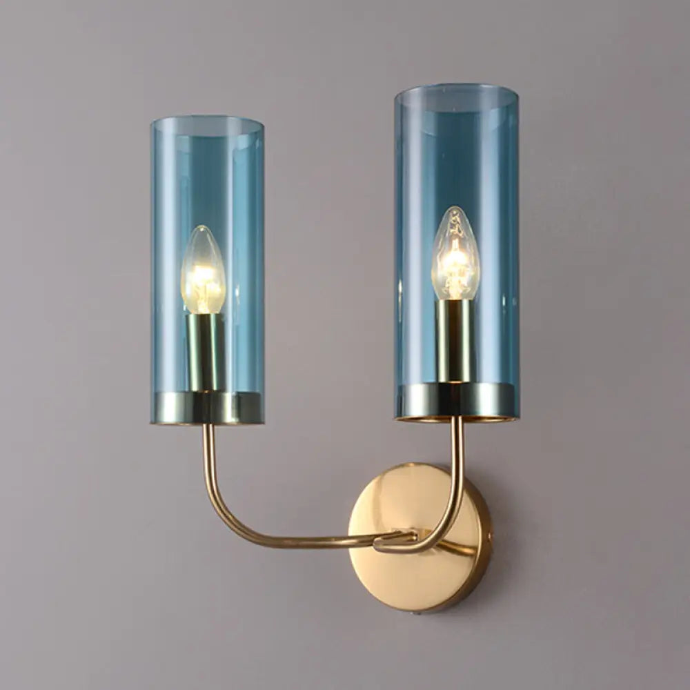 Retro Brass Sconce Wall Mount Lamp With Cylindrical Glass Shade 1/2 Light Fixture For Living Room 2