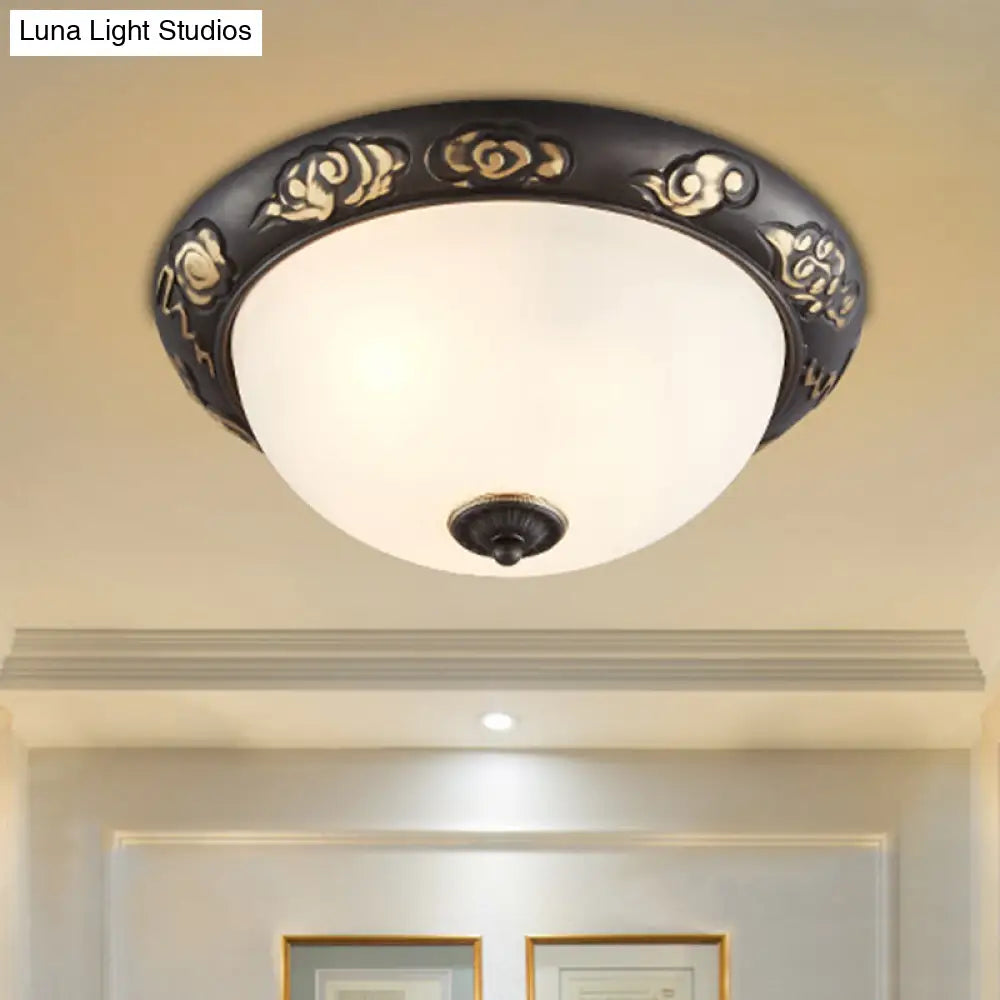 Retro Flush Mount Ceiling Lamp - 15’/19.5’ Milk Glass Black - Gold Dome Shape 3/4 Lights