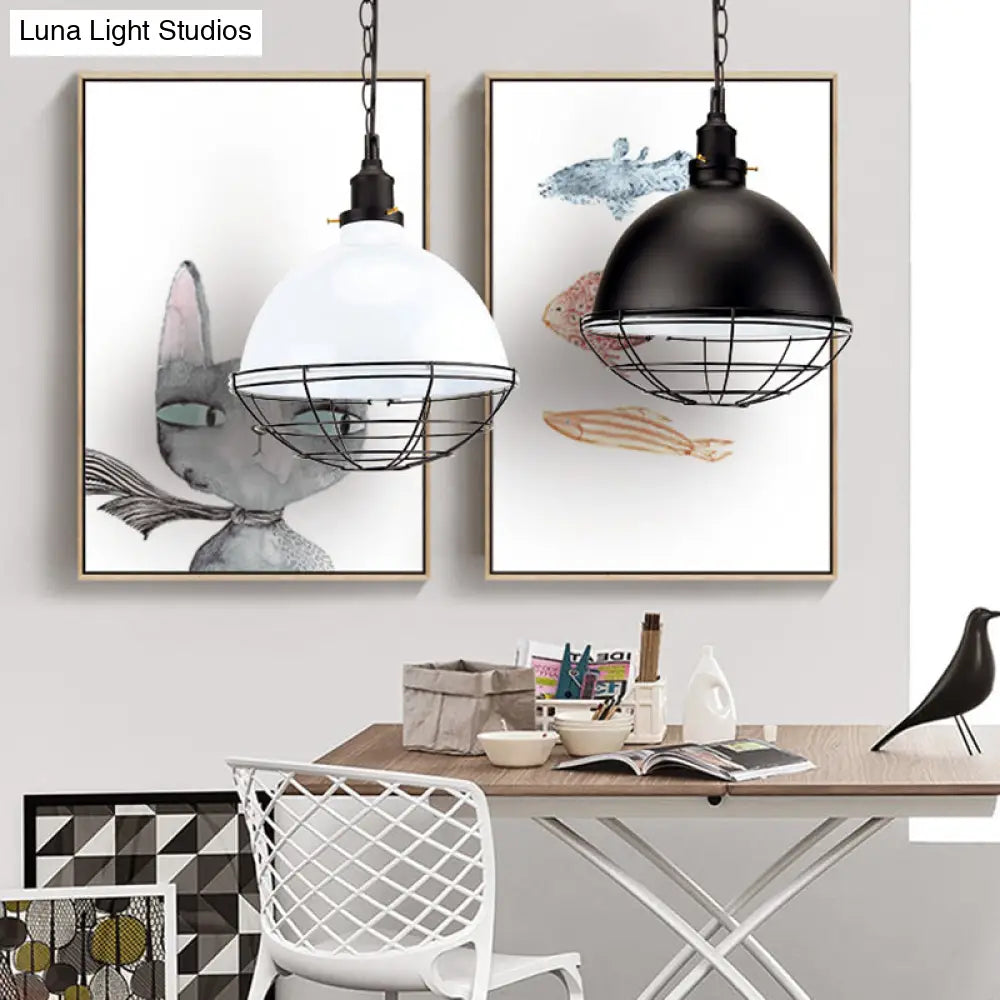 Retro Industrial Metal Pendant Light - Bowl Shade 1 Bulb Black/White/Red Indoor Ceiling With Wire