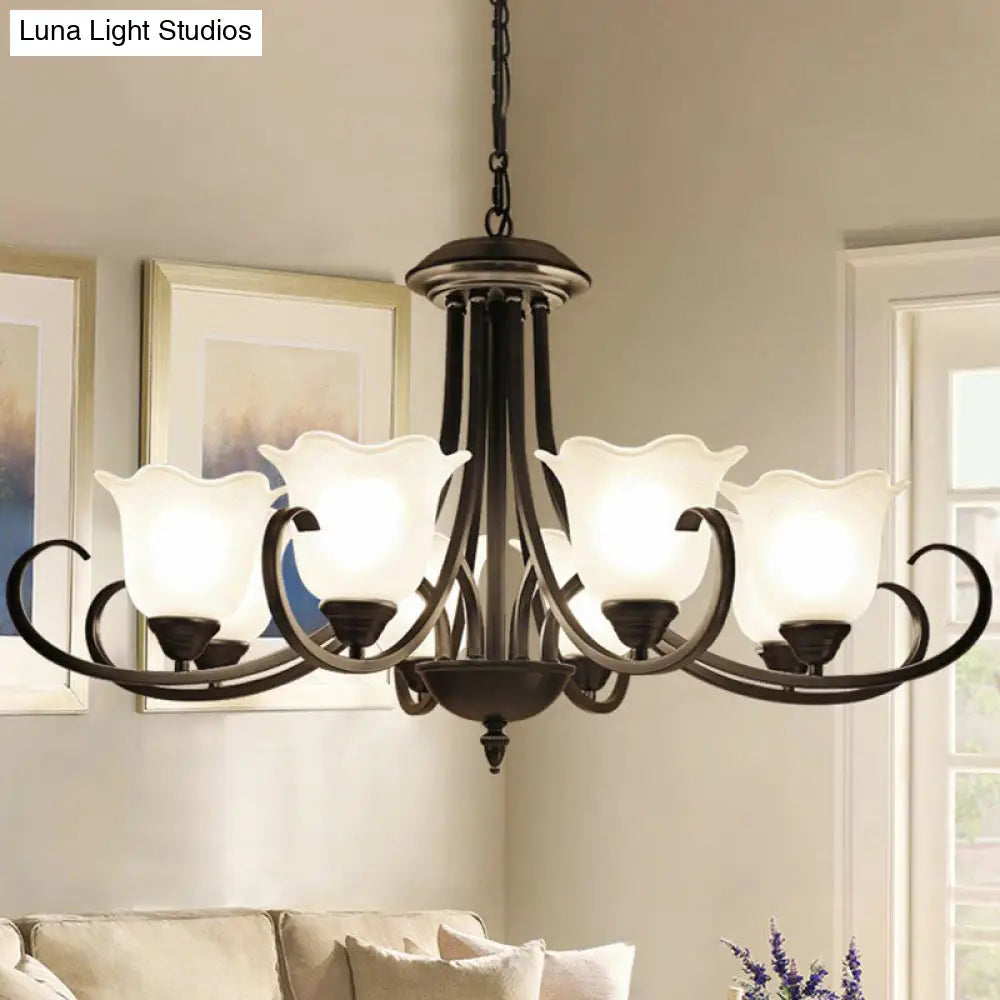 Retro Opal Frosted Glass Flower Chandelier In Black Finish: Elegant Hanging Light For Living Room