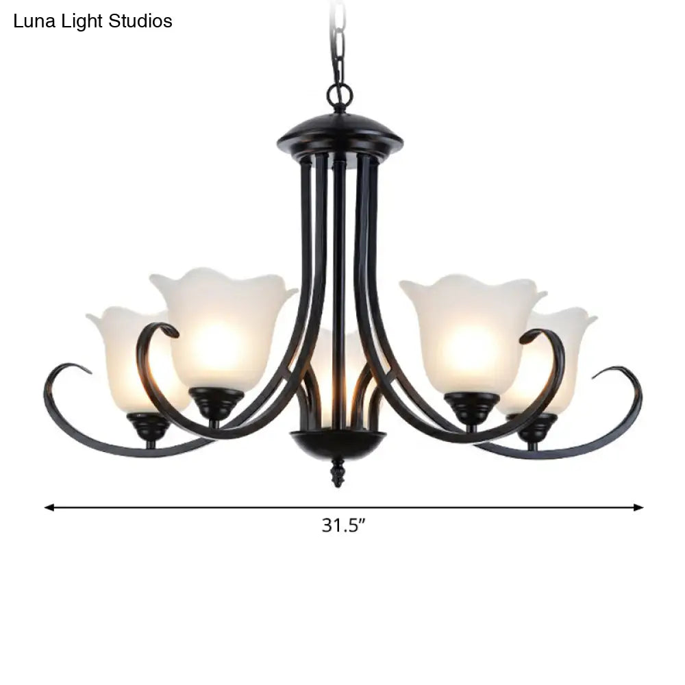 Retro Opal Frosted Glass Flower Chandelier In Black Finish: Elegant Hanging Light For Living Room