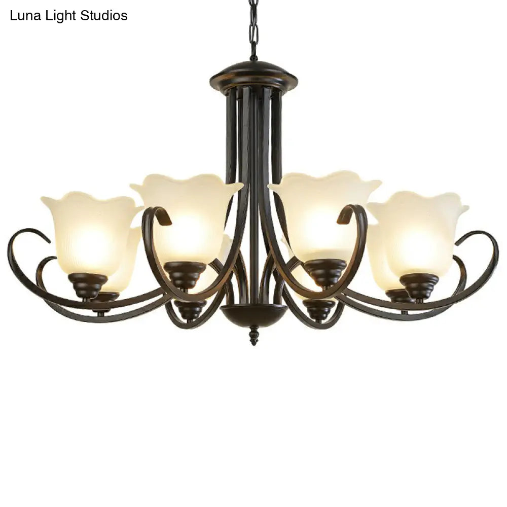 Retro Opal Frosted Glass Flower Chandelier In Black Finish: Elegant Hanging Light For Living Room