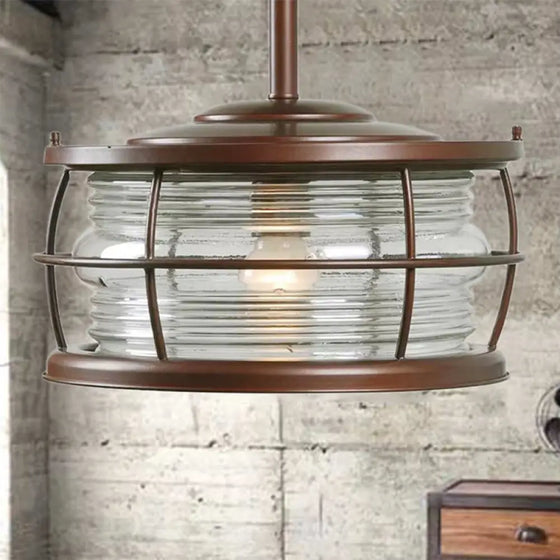 Éclairage semi-monté en verre nervuré de style rétro avec abat-jour tambour en finition cuivre - 1 ampoule pour éclairage de salle à manger