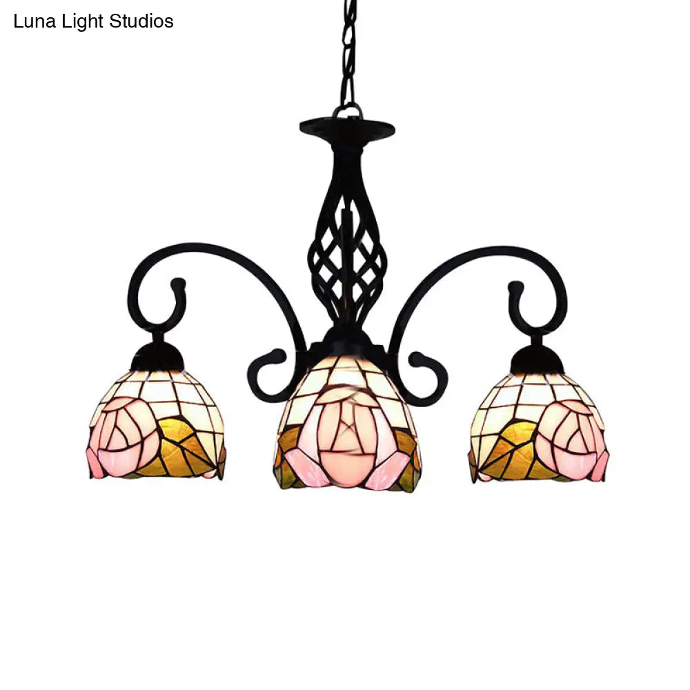 Retro Style Stained Glass Floral Chandelier - 3-Light Domed Fixture In Pink
