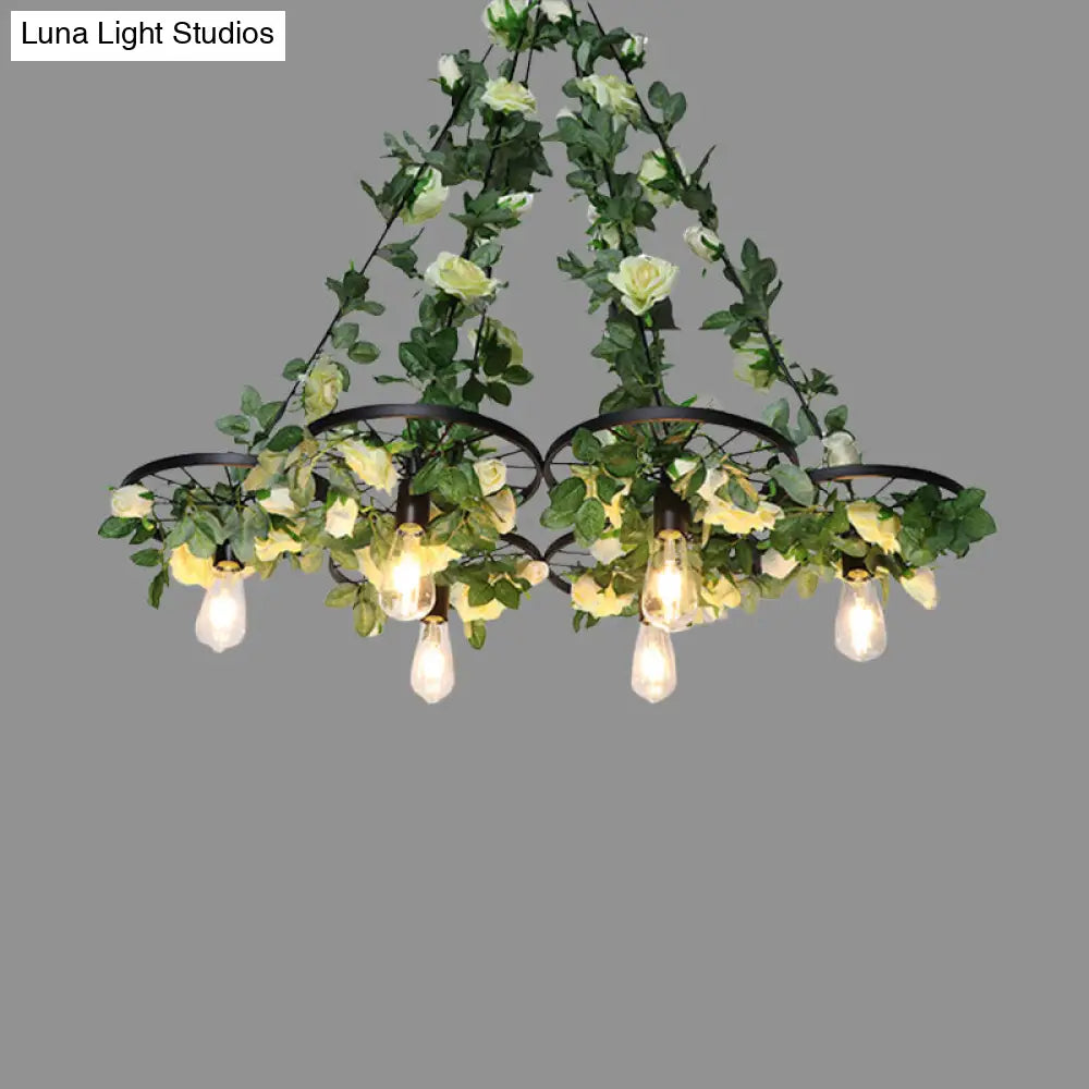 Retro Wheel Iron Chandelier Pendant Light With Plant Decor - Black 3/6 Heads