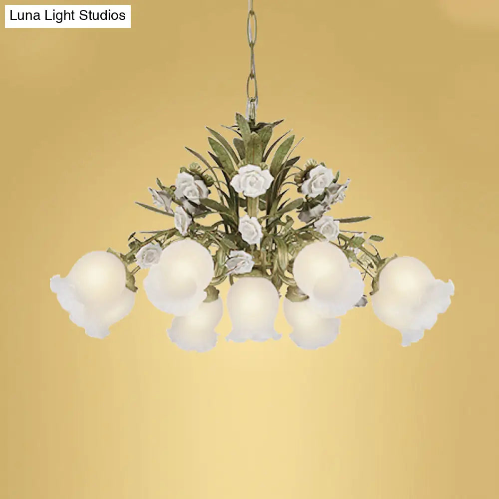 Romantic Cream Glass Green Chandelier With Flower Design - Perfect Lighting Fixture For Living Room