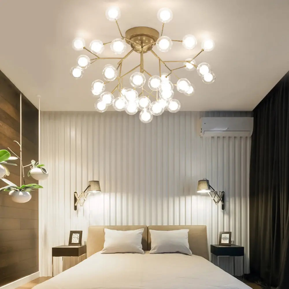 Romantic Gold Plant Semi Ceiling Mount Light For Hotels - Multi - Head Metal Glass Lamp 36 /